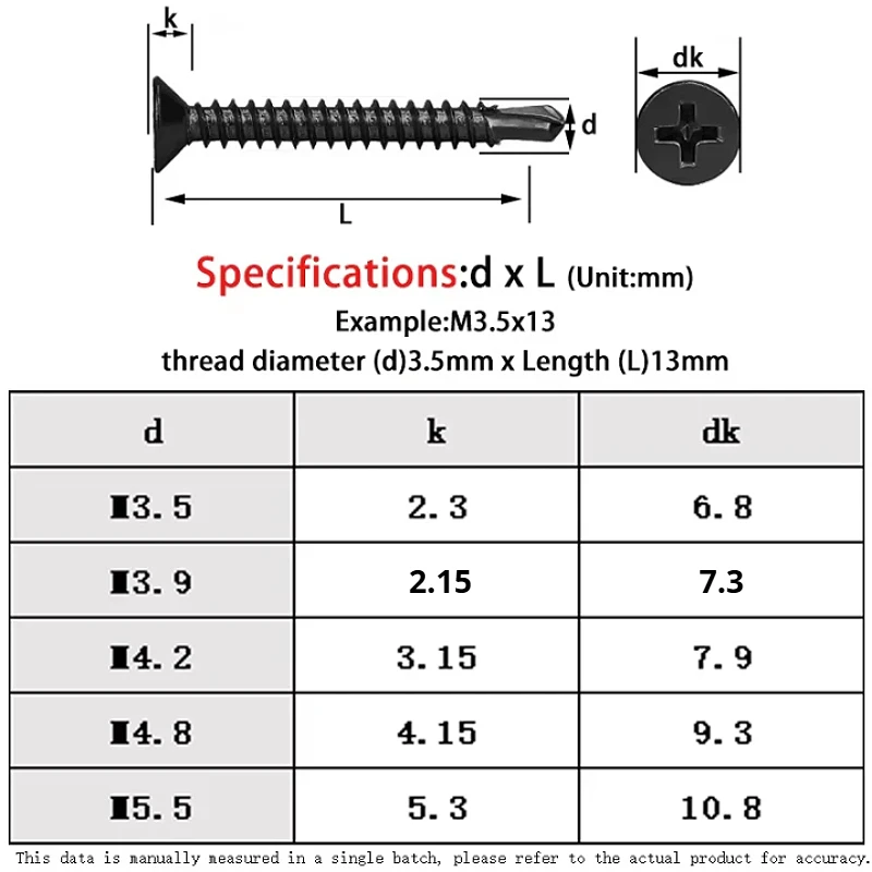 M3.5 M3.9 M4.2 M4.8 M5.5 Black 410 Stainless Steel Phillips Flat Head Self Drilling Screw Insert Drilling Sheet Metal Screw