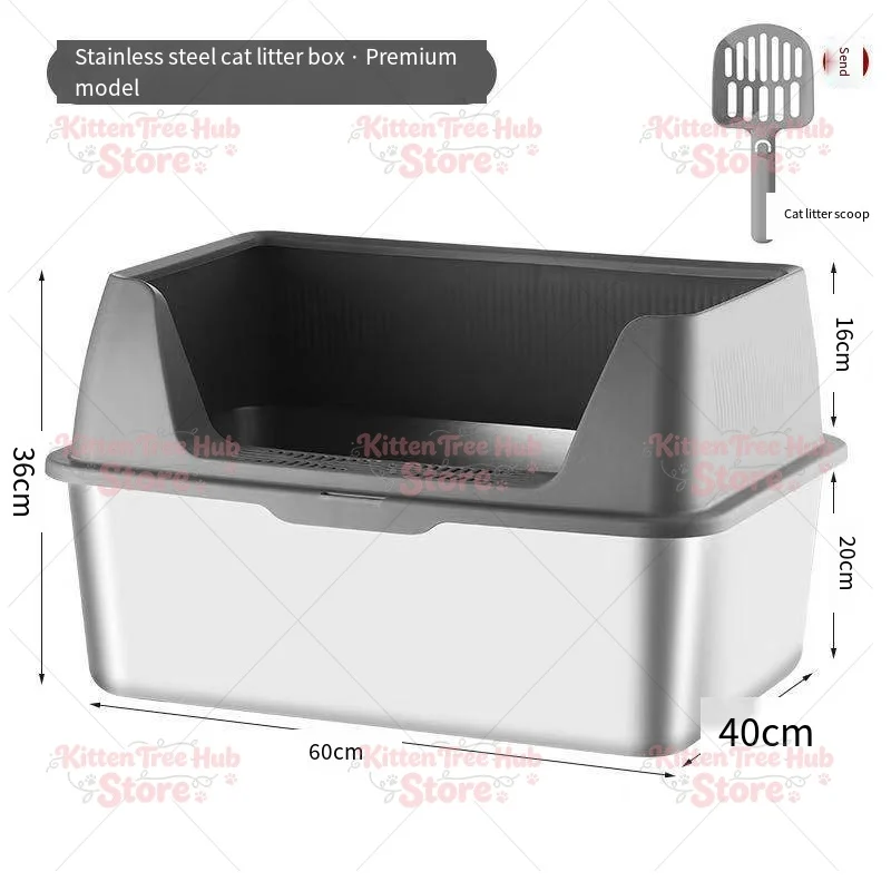 Stainless Steel Large Double-Layer Non-Slip Litter Box, Multi-Cat Toilet with Elevated Guard Cover Anti-Stick Bottom