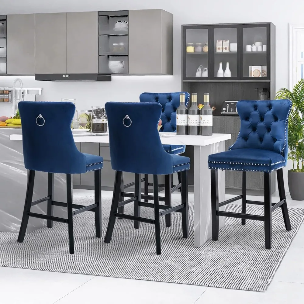 

Modern Velvet Upholstered Bar Stools Set of 4 with Wood Legs, Button Tufted,Chrome Nailhead, Counterstool Seat, Armless Bar Cha