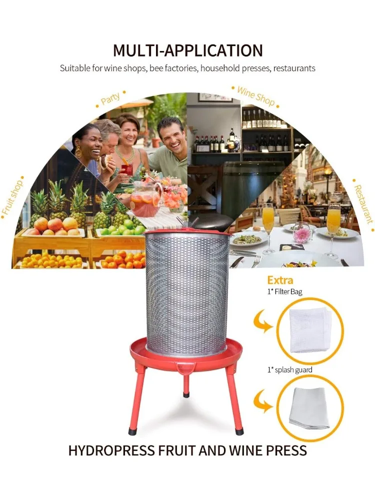 ماكينة ضغط نبيذ الفاكهة - ماكينة مثانة النبيذ الجانبية الخالية من الكهرباء/المياه، صناعة العصير الطبيعي (10.7 جالون، مع ملف