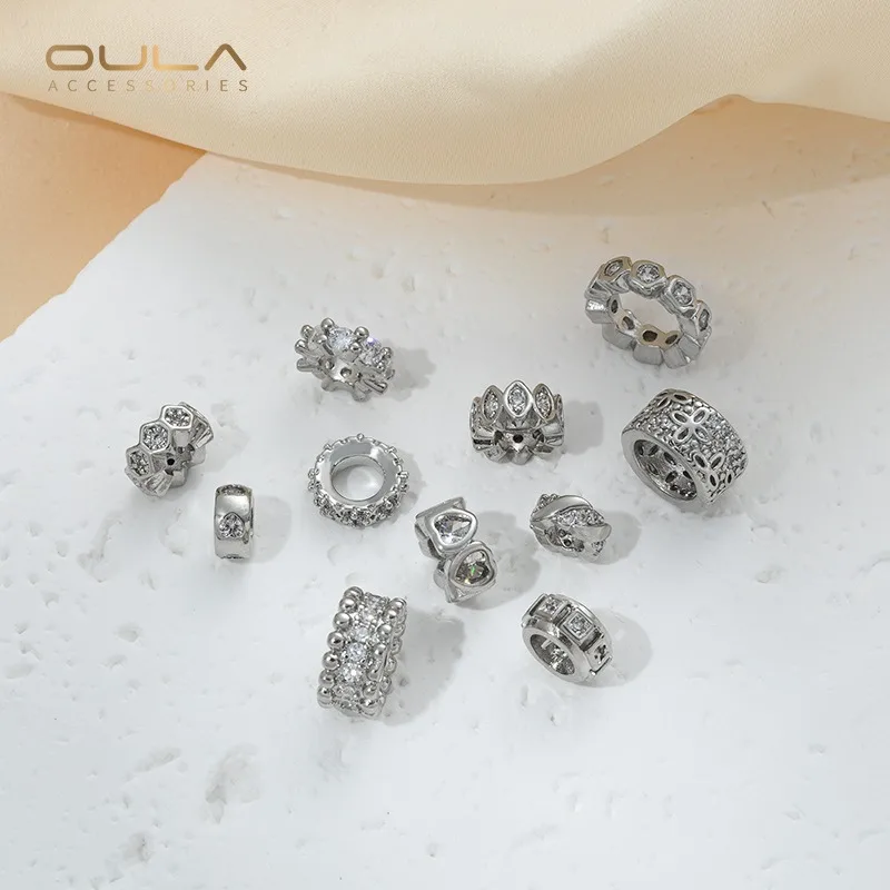 

1PCS White Gold Inlaid Zirconium Heart-shaped Spacer Large-hole Beads Lulutong Hand-strung Jewelry Accessory Material