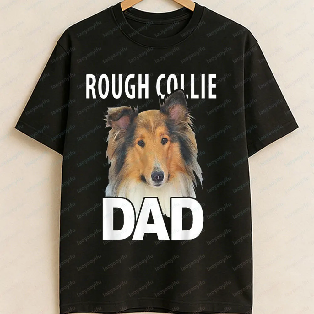 Rough Collie Dad T-Shirt Funny Dog Face Portrait Collie Lover Gift Tee for Dads Graphic T Shirts Men Clothing Oversized T Shirt
