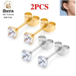 2Pcs G23 Titanium Round Crystal Zircon Ear Studs Earrings 4 Prong Tragus Cartilage Piercing Jewelry Unisex Women Men