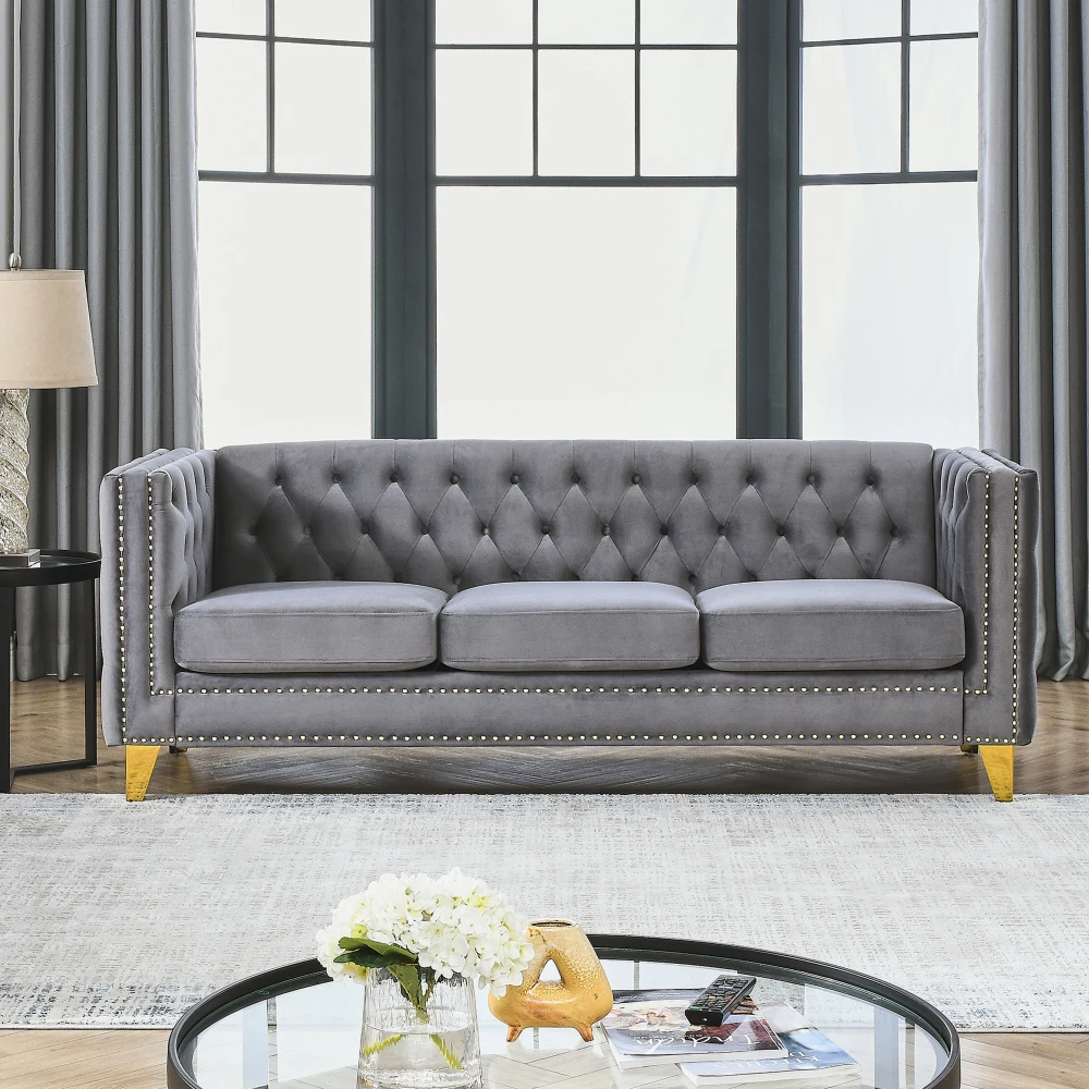 

Velvet Sofa for Living Room,Buttons Tufted Square Arm Couch, Modern Couch Upholstered Button and Metal Legs, Sofa Couch