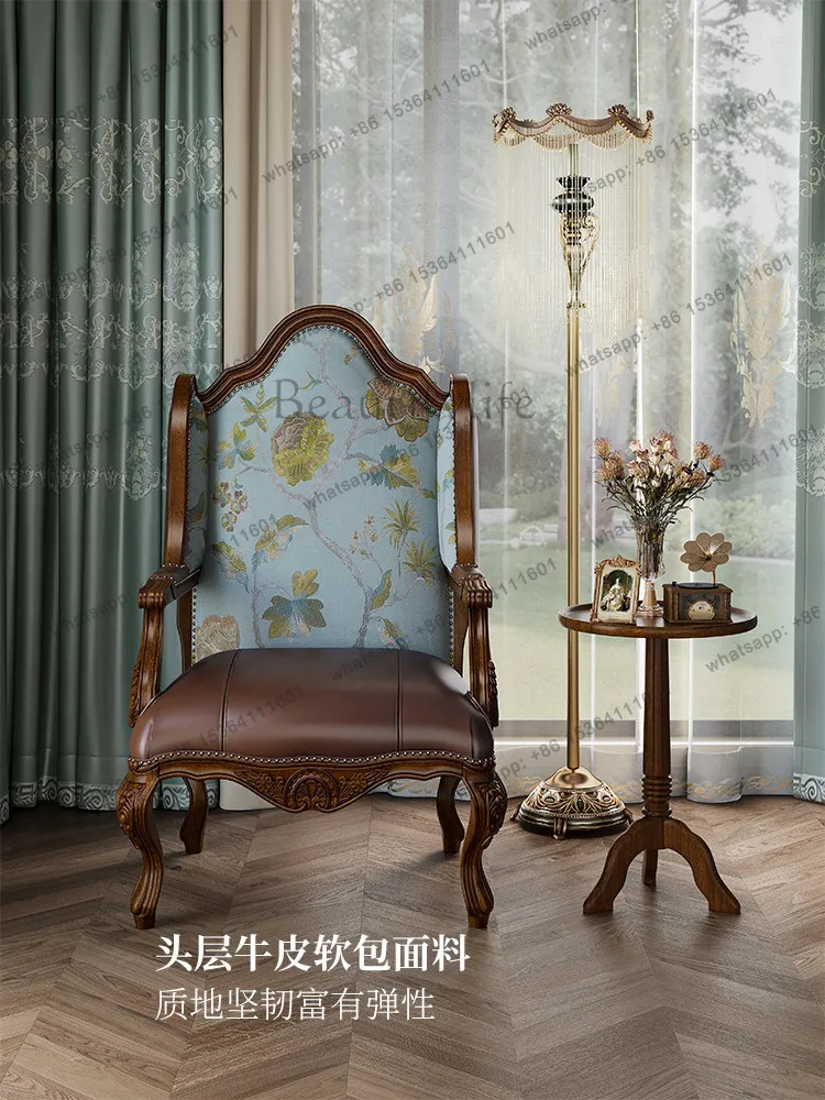 American country retro solid wood chair first layer cowhide single sofa high-end backrest leisure chair