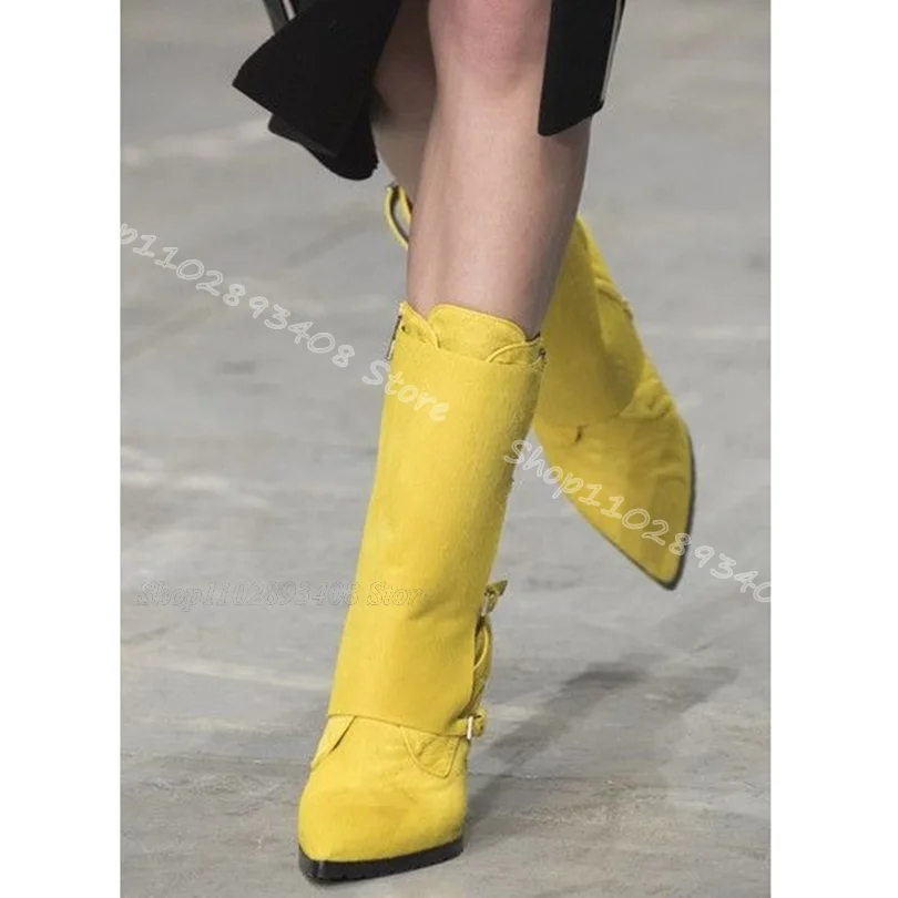 Yellow Flock Side Zipper Combat Boots Pointed Toe Chunky Heels Fashion British Style Design for Women Shoes Zapatos Para Mujere