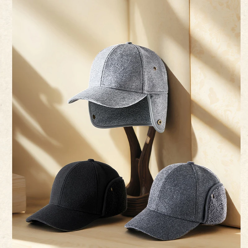 Men's Warm Baseball Caps for Winter with Ear Protect Woolen Windproof Snow-resistant Hats Elderly Fixed Size Hats 3 Size Caps