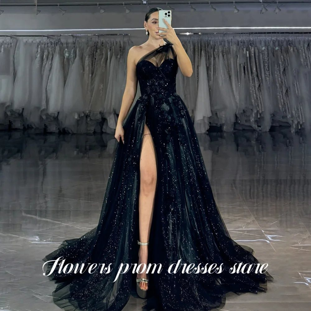 

Flowers A Line Prom Dress One Shoulder Slit Party Dress Tulle Pleats Sequins Party Dress for Women vestidos de fiesta Customized