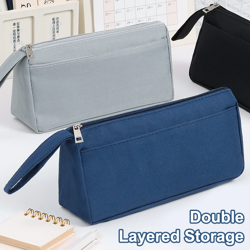 Stylish Portable Oxford Fabric Pencil Box, Minimalist Double Layer Design, Large Capacity Pen Pouch as Nice Gift