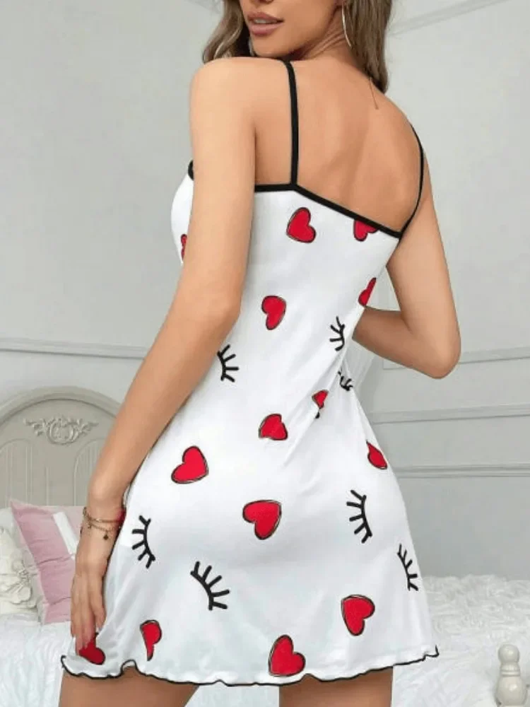 Women Sexy Lingerie Slip Nightdress Round Neck Sleep Dress Split Thigh Nighties Soft Nightgown Heart Printed Loungwear Sleepwear