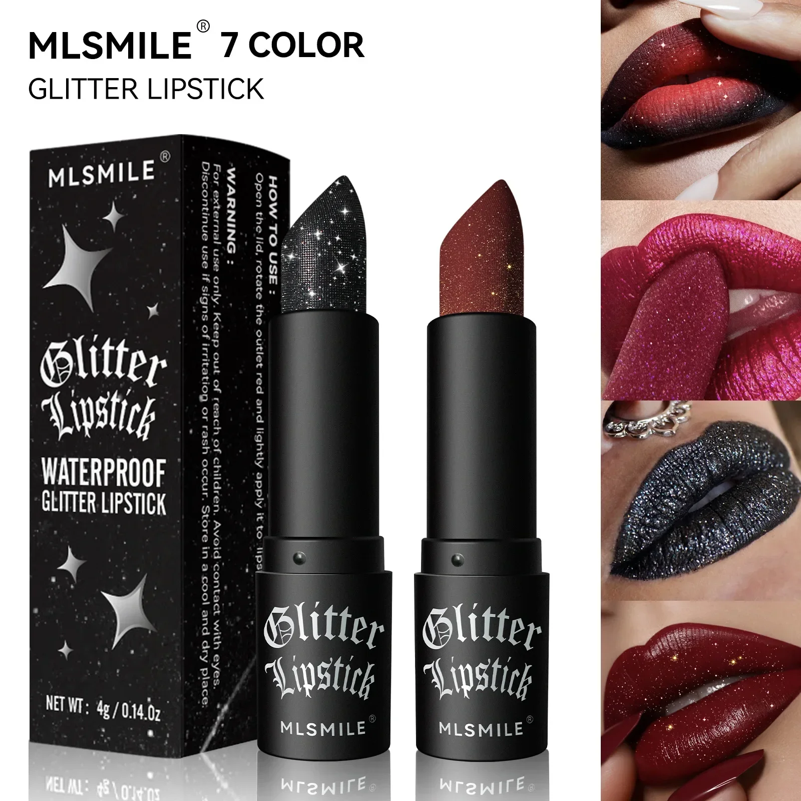 

7Colors Glitter Lipstick Waterproof Long Lasting Diamond Pearlescent Metallic Lipstick Black Lipgloss Women Lips Makeup Cosmetic