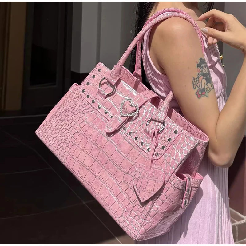 Umhängetasche mit Krokodilmuster und Prägung, Damenhandtasche mit großem Fassungsvermögen, Designer-Aktentasche, Y2k-Mädchen-Pendlermode-Handtasche, Rosa – Detail 12