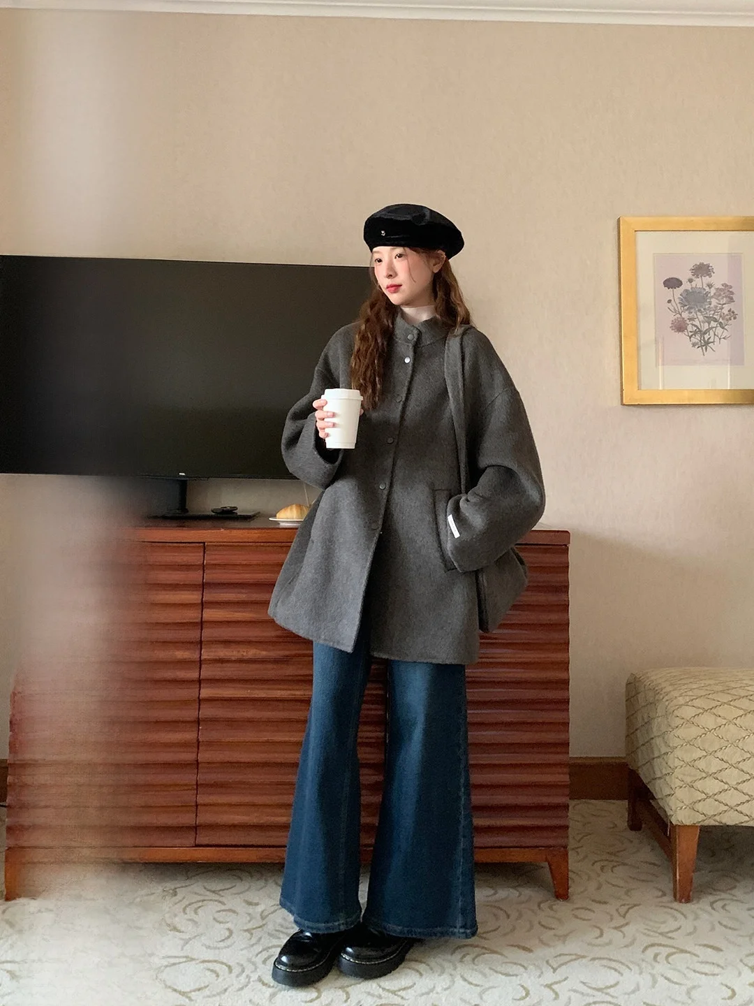 

Handmade Woolen Double-Faced Tweed Coat Stand Collar Ele Outerwear Women's Faionable Korean Sle Winter New Arrival