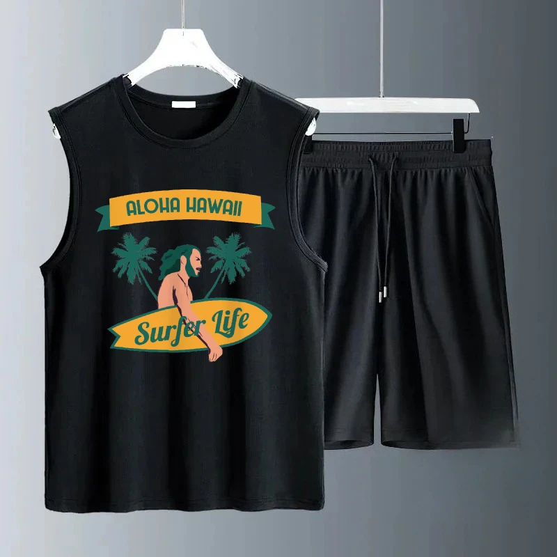 

2025 Casual Men Sleeveless Summer Old man holding skateboard prints Set Soft Fabric Loose Fit Comfortable Daily suits tracksuit