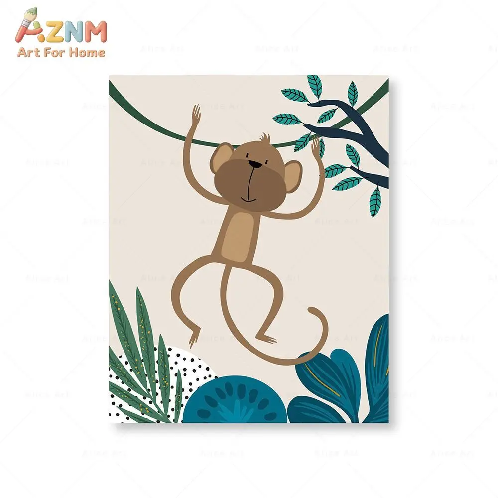 1pc Boho Monkey Lion Giraffe Bird Zebra Elephant Botanical Nursery Posters Wall Art Print Canvas Painting Kids Room Home Decor view 6