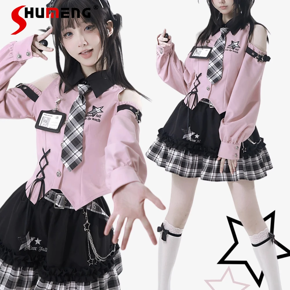 

Fashion Highstreet Rock Punk Girl Y2K Pink Tops Polo Collar Off-Shoulder Long Sleeve Embroidery Single-Breasted Shirt Top Women