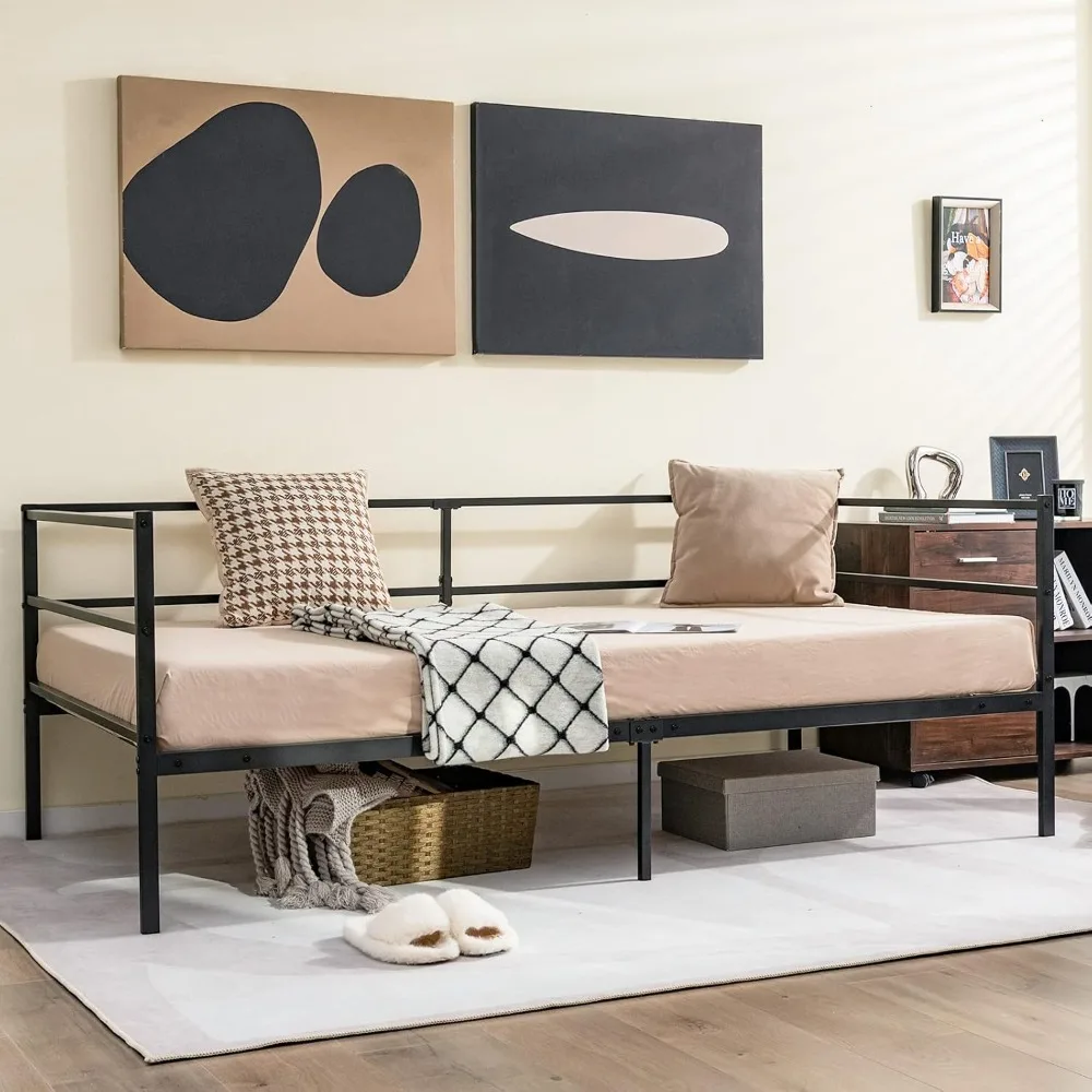 Metal Daybed Frame, Day Bed with Metal Slat Support & 3-Sided Guardrails, 2-in-1 Space-Saving Sofa Bed for Living Room