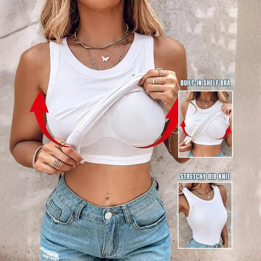 Fashion Tank Top Women Clothing Summer New 2024 Round Neck Ribbed with Bra Pads Casual Solid Color Sleeveless Tops for Female