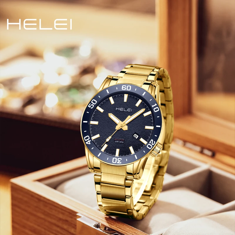 남성용 오리지널 쿼츠 시계, 노란색 스테인리스 스틸 시계, 방수 야광 시계, 패션 손목시계, 제인 시계, HELEI2024