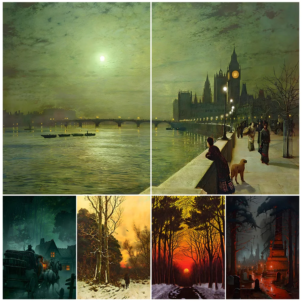 

The Urban Night Scenery Of The Victorian Era,Abstract Wall Art,Canvas Painting,The Forest And Sky At Night,Vintage Art Poster