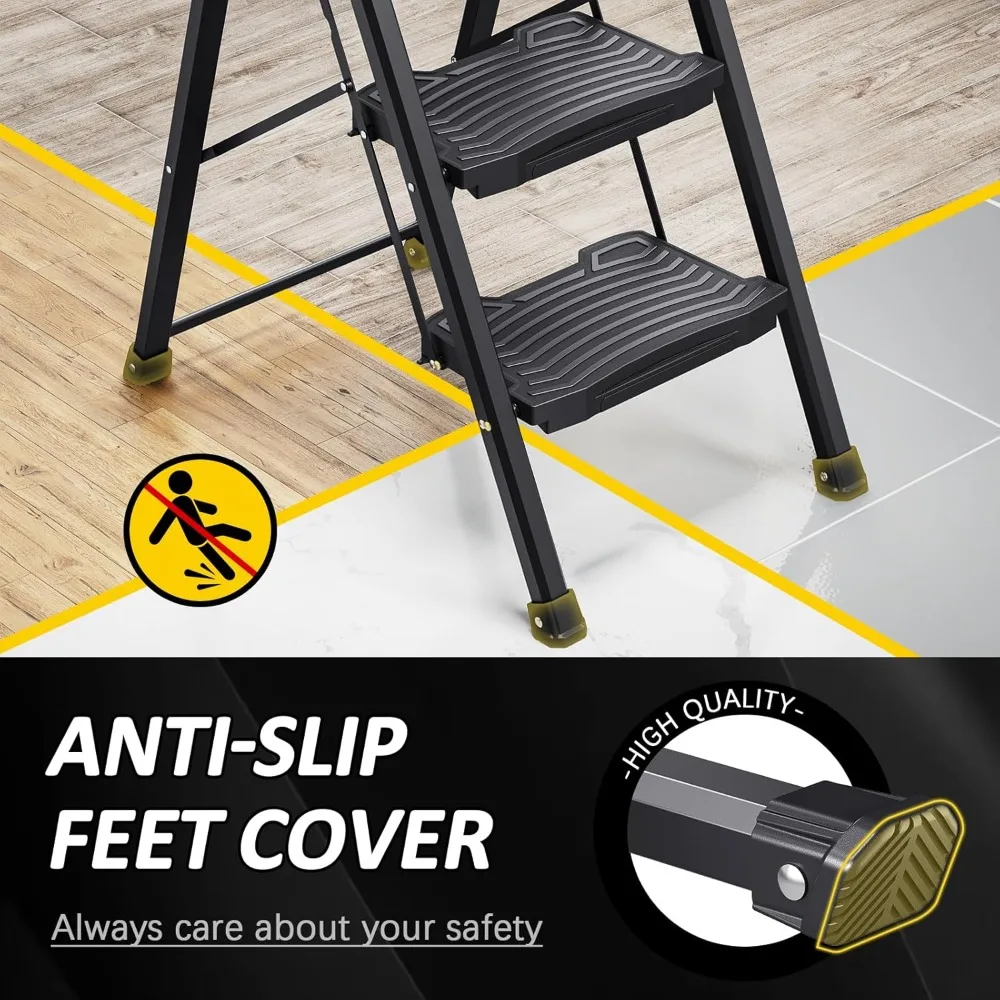 Tangga Lipat 4 Langkah, Tangga 4 Langkah dengan Kapasitas 900lbs, Pedal Lebar Anti-Selip dan Pegangan, Tangga Rumah Tangga Ringan