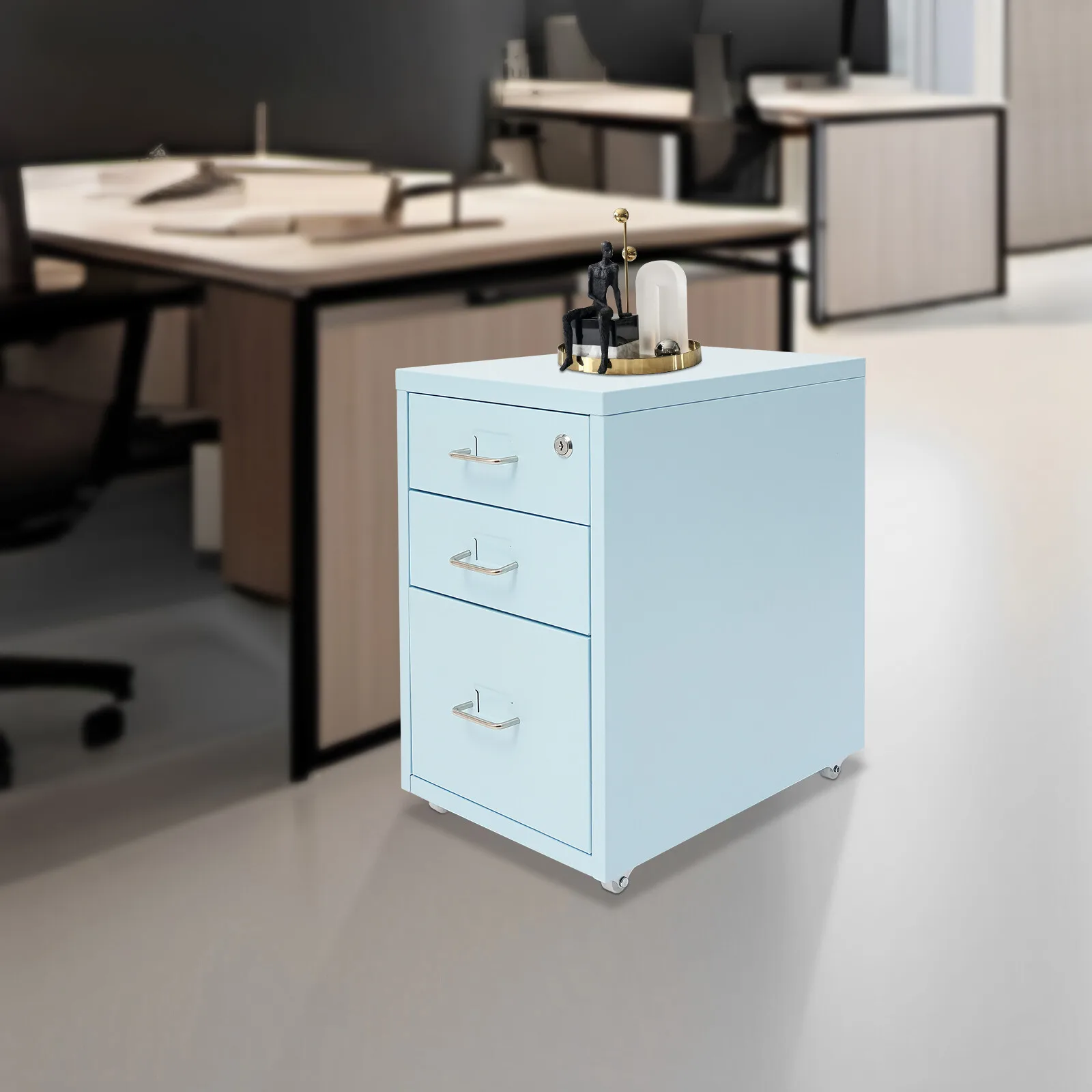 

3-Drawer Blue Cold-rolled Steel File Cabinet Vertical File Cabinet File Cabinet with Wheels Lock 28*41*48cm