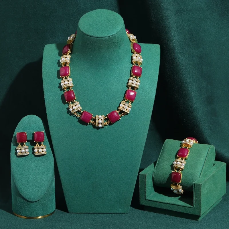 Vintage Purple Agate Pearls Square Jewelry Sets For Woman Necklace Bracelet Earrings Luxury Art Deco Anniversary Gift 2026 New