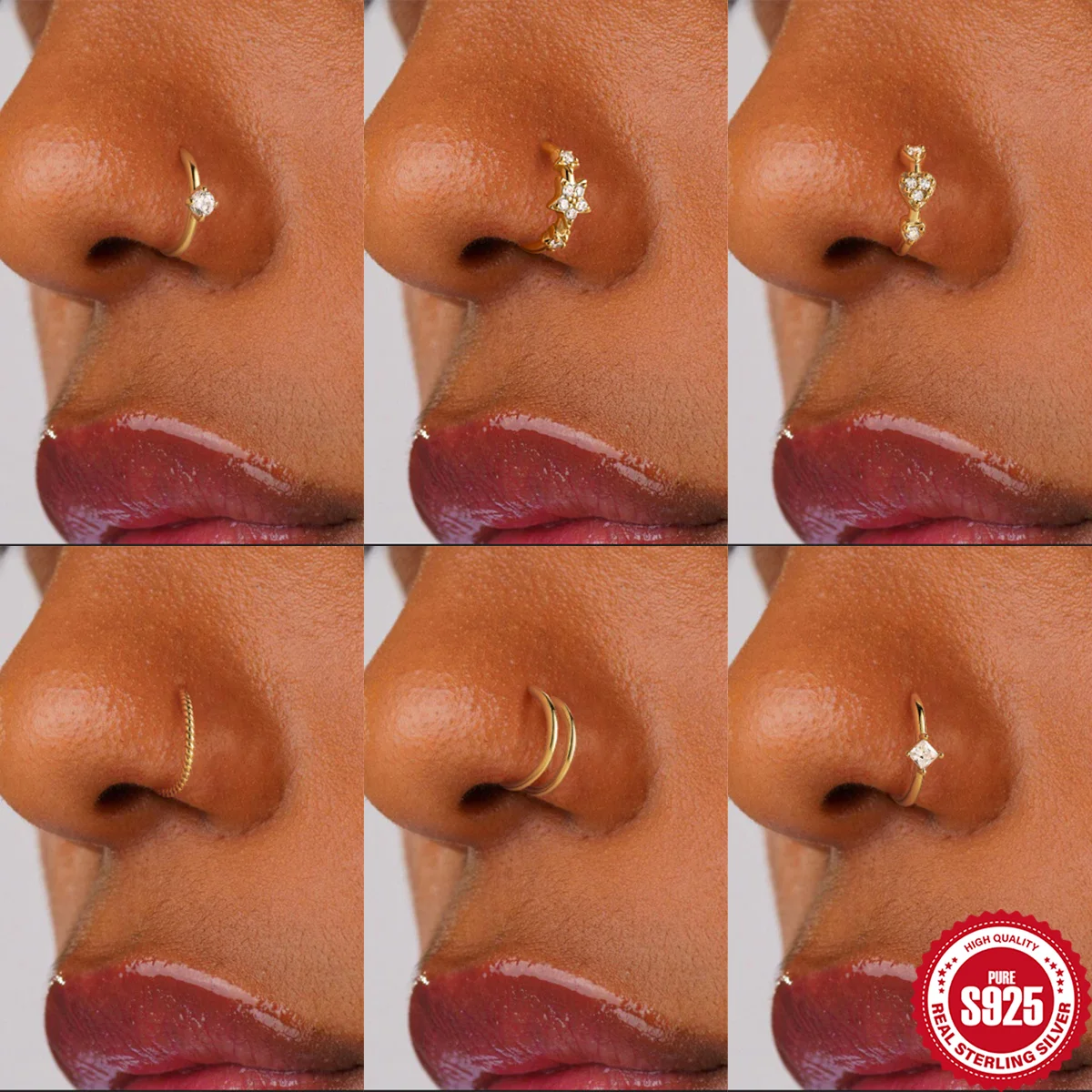 

BOAKO 925 Sterling Silver Classic Star/Heart Nose Ring For Women Trendy Personality Piercing Body Jewelr