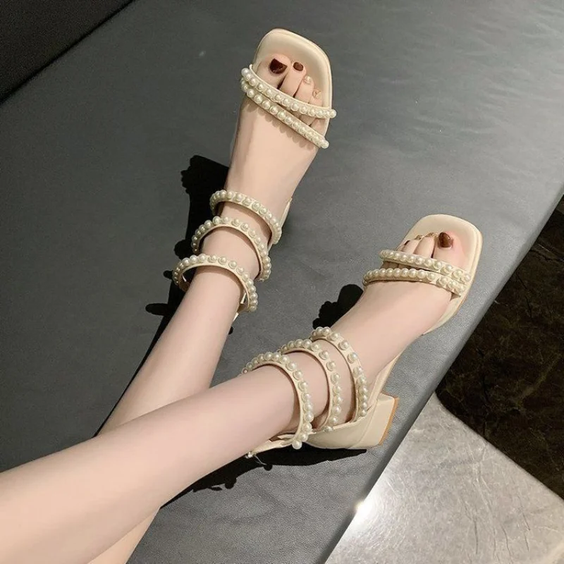 Pearl with Medium Heels Summer 2024 Women\'s Shoes Sandals for Woman Square Footwear Black Comfort Anti Slip Hot Vip The Best H F