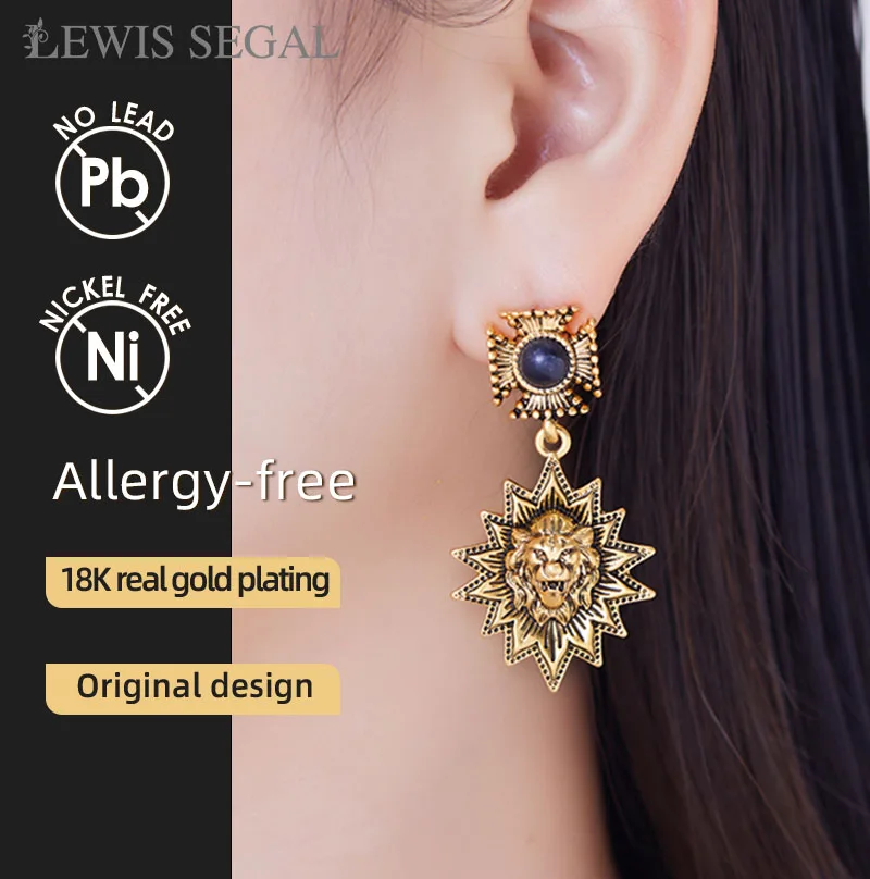 LEWIS SEGAL Vintage Powerful Lion Drop Earrings for Women Independant Girls Medieval 18K Gold Fine Jewelry Gift Wedding