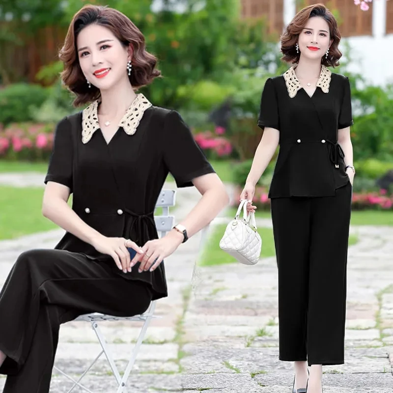 5XL Women Pants 2-Piece Set 2023 Summer Suit Middle Aged Female Short-sleeved Tops+ Wide leg Pants Two-Piece Suit Loose Sets