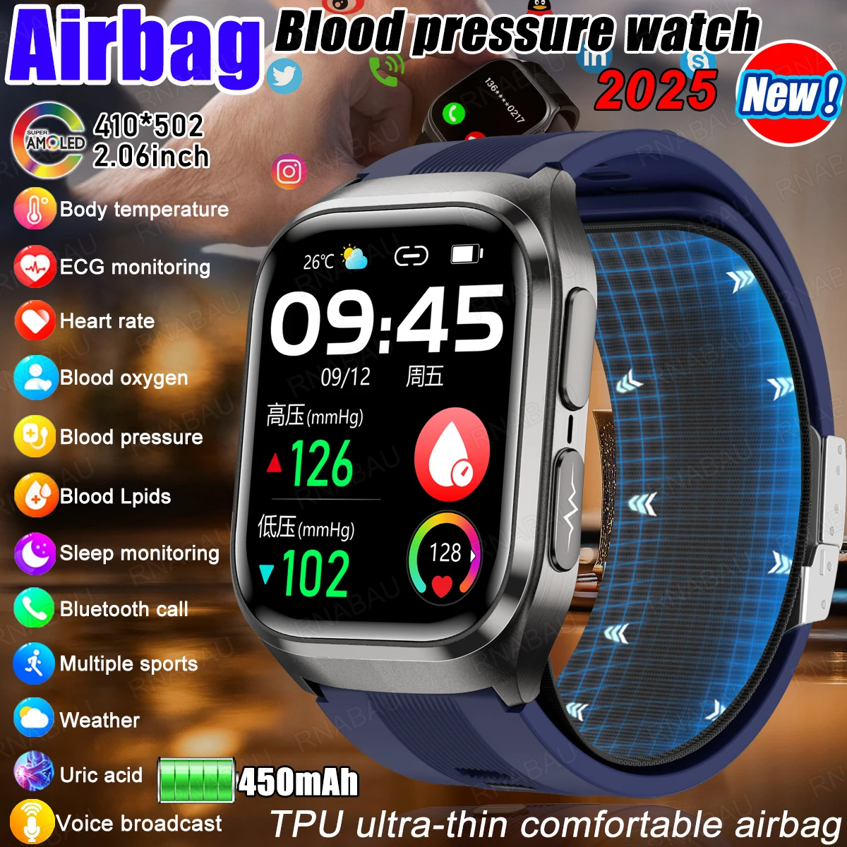 

2026 Airbag Smart Watch Bluetooth call air Pump ECG True Accurately Blood Pressure Uric Acid Blood Lipid watch men waterproof