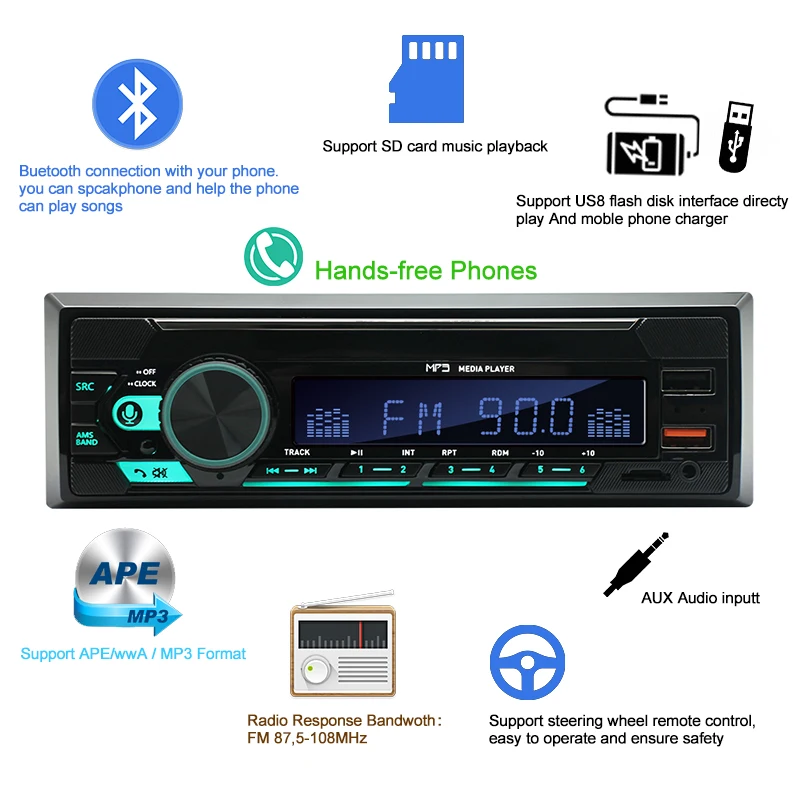 PolarLander Car Stereo 740 Hands-free Calls 2 USB Remote Control Bluetooth FM 1 Din Radio Microphone USB/TF/AUX MP3 Player