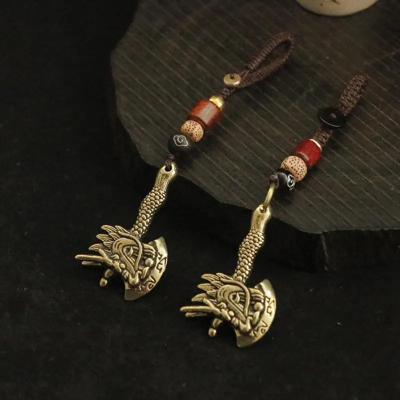 Punk-Messing-Drachenkopf-Axt-Schlüsselanhänger, Glücksbringer, Auto-Schlüsselring, handgefertigtes Seil, Vintage-Geschenk für Männer und Frauen – Detail 5