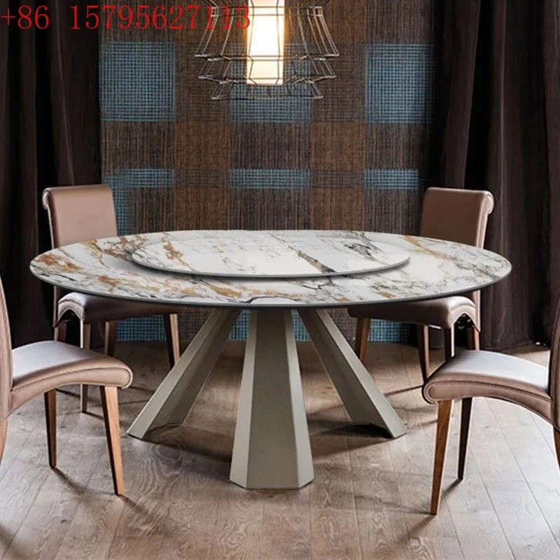 

Italian rock slab dining table and chair combination Minimalist with turntable Multifunctional round marble dining table9344