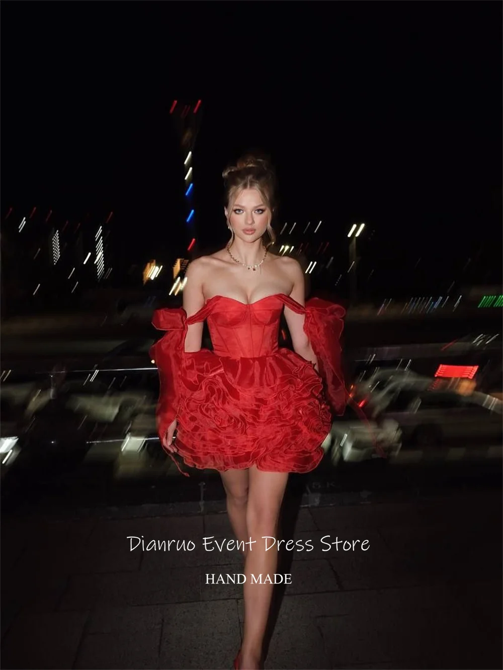 Dianruo Ruffled Tiered Organza Mini Prom Dress A Line Red Evening Dresses Off Shoulder Sweetheart Robes De Cocktail Customized