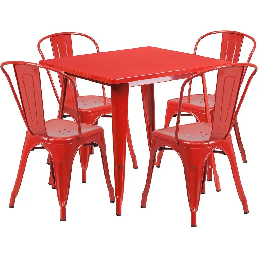 

31.5 Square Red Metal Table Set with 4 Stackable Chairs for Indoor and Outdoor Use