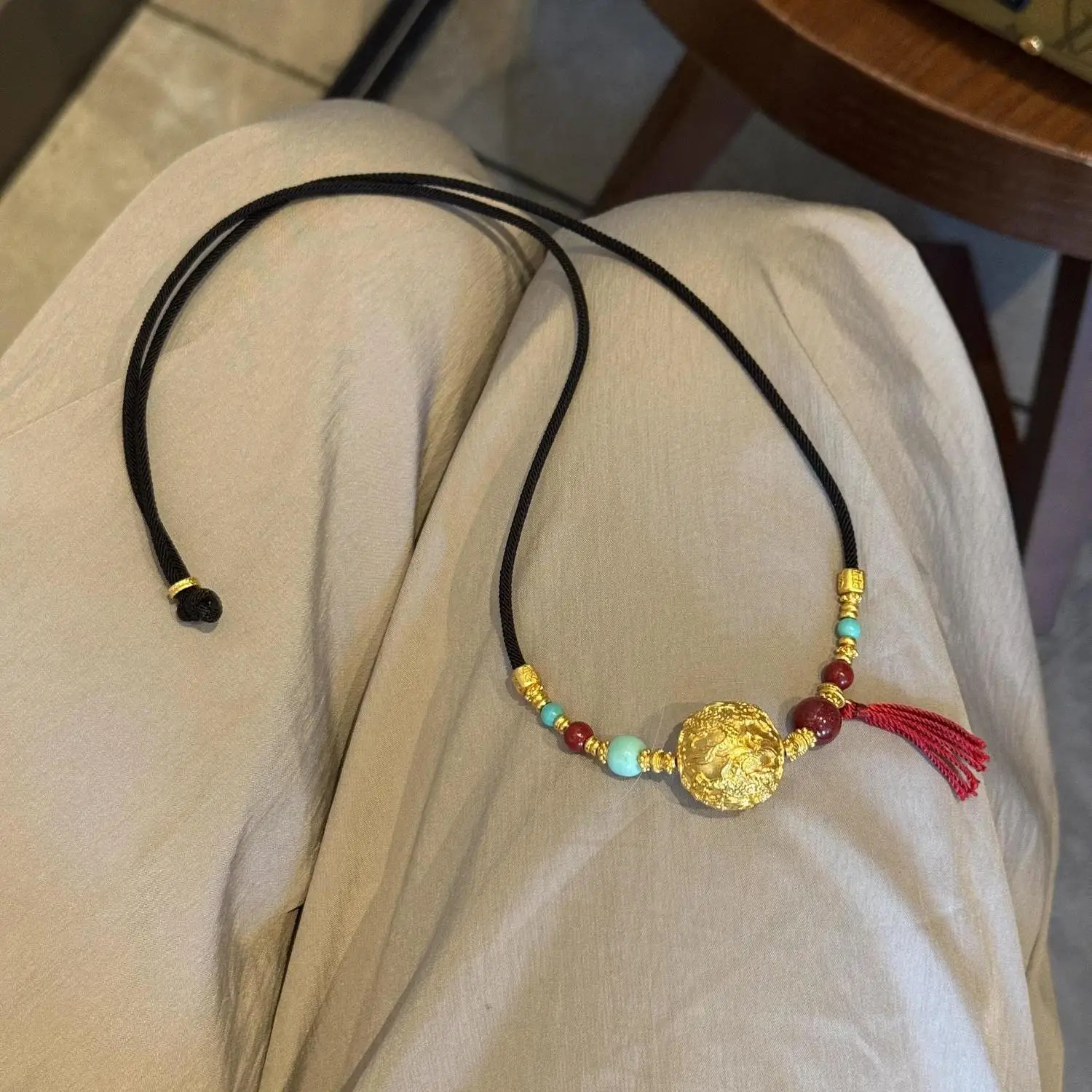 Traditional Chinese Style Tibetan Lucky Good Fortune Golden Tassel Pendant Necklace With Red Turquoise Beads Black Cord Vintage