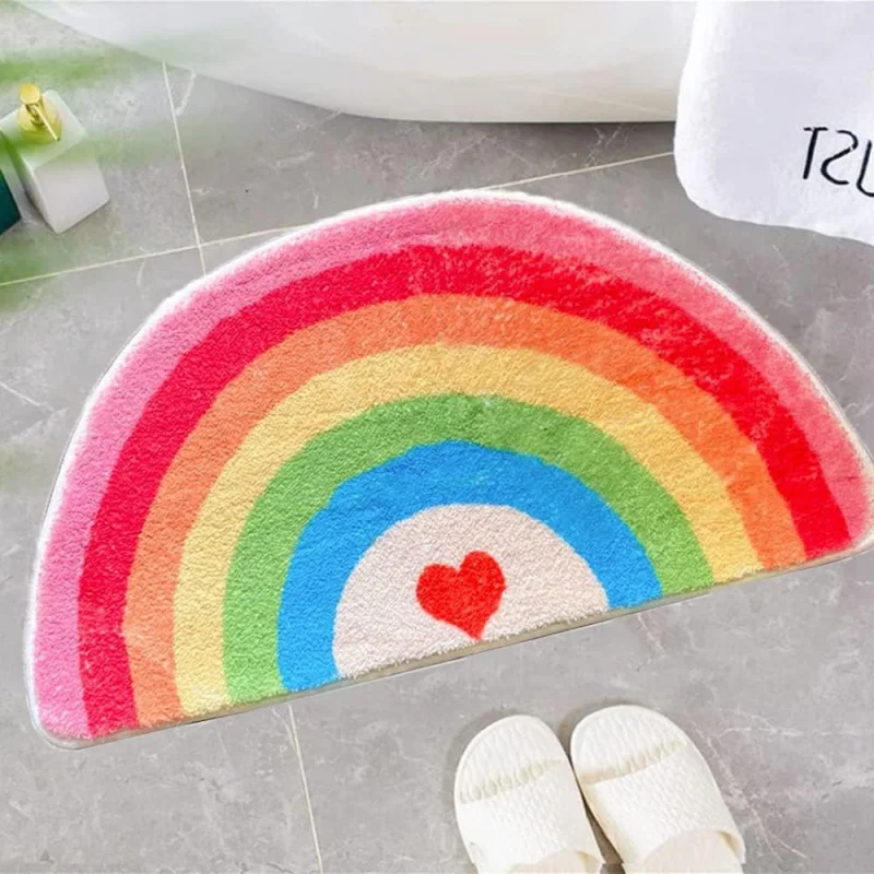 VIKAMA Half Round Rainbow Heart Plush Doormat Non Slip Water Absorbent Soft Floor Rug Bathroom Entrance Kids Room Home Decor Mat