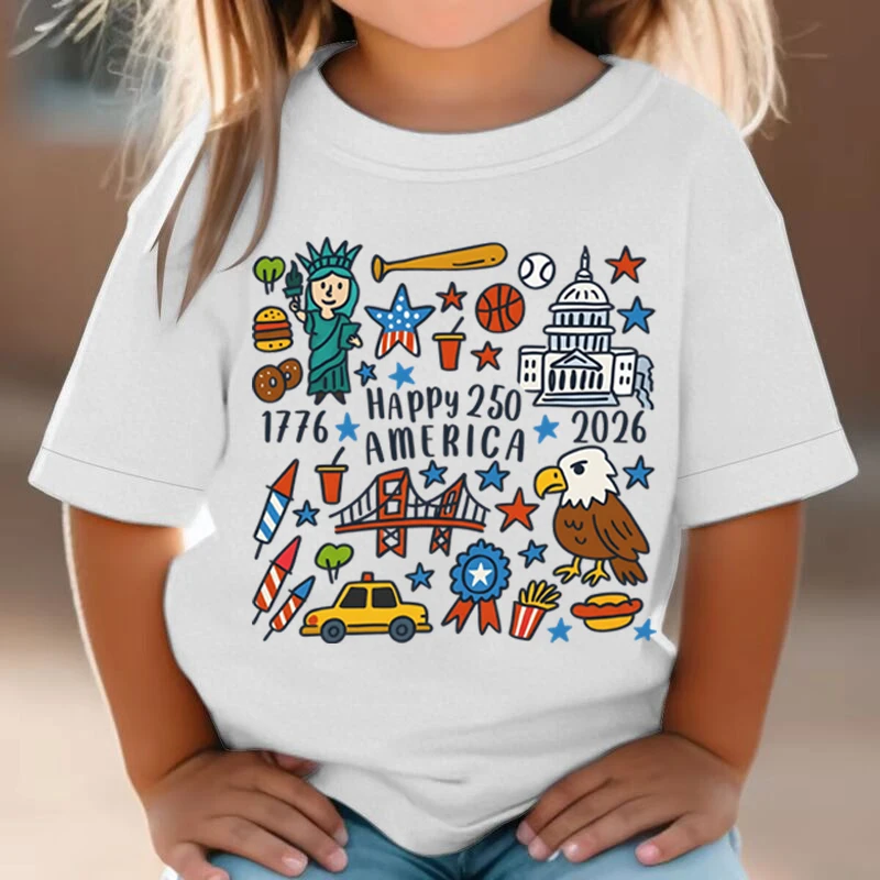 4th of July Shirts for Girl Boy 250th Anniversary T-Shirts Happy 250 1776-2026 USA Kids Cotton T-Shirt Independence Day Clothes