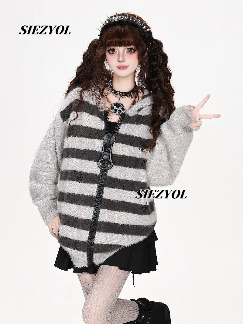 Autumn Winter New Striped Color Matching Large Zipper Hooded Sweater Sweet Girl Versatile Loose Casual Knitted Cardigan Jacket