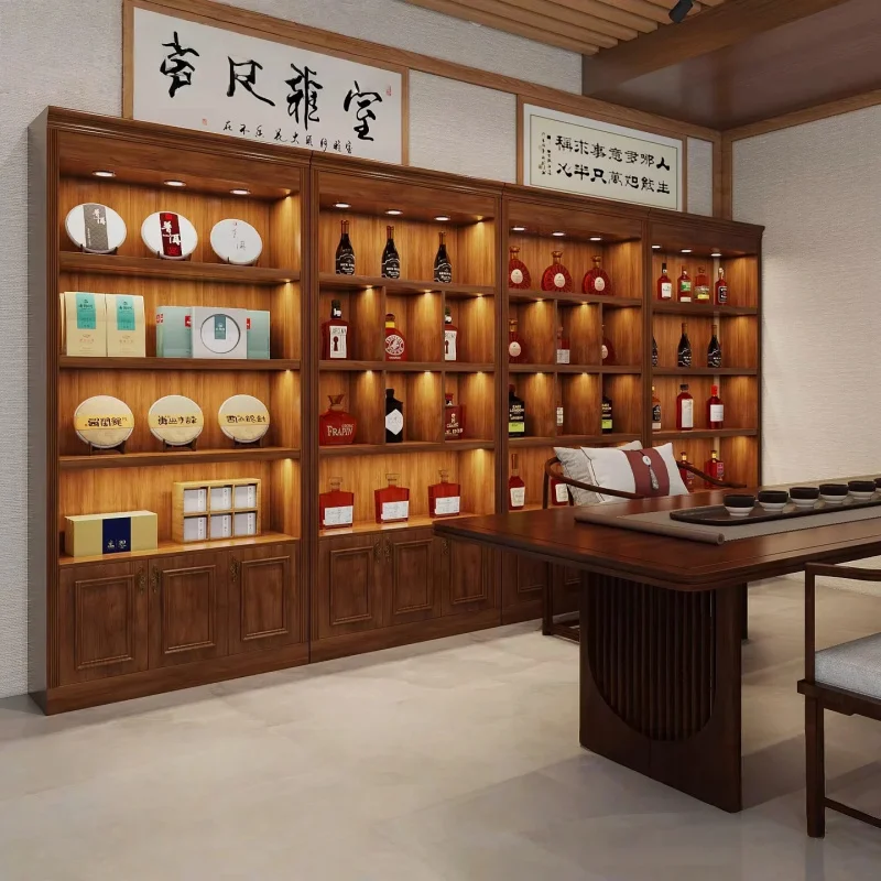 custom.Vintage Wooden Tea Display Stand Glass Back LED Lighting-Durable Retail Display Multi-Tiered Tabletop