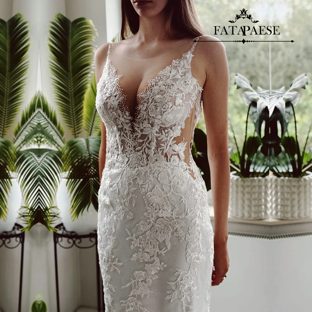 FATAPAESE Vestido de novia personalizado recortados, apliques de encaje con purpurina floral, falda Mermiad de tul brillante, espalda baja, vestido de novia