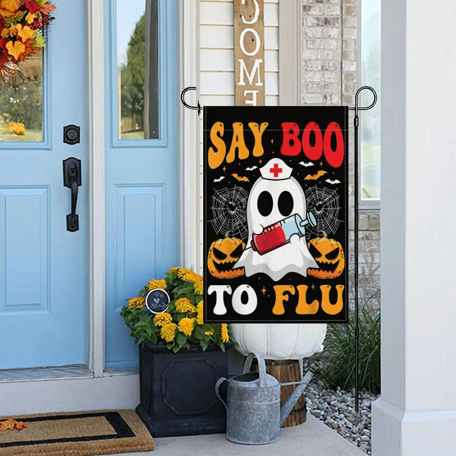 Retro Nurse Ghost Halloween Vaccine Say Boo to The Flu Garden Flags,Yard Flag Double Sided for Holiday Decoration Outdoors 1 HHZ