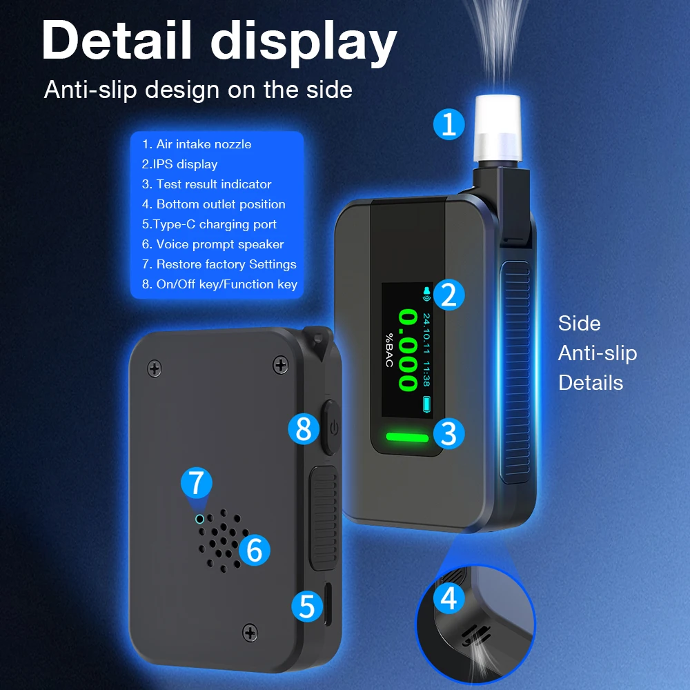 Electrochemical Alcohol Tester Rechargeable Digital Breathalyzer Blowing Drunk Driving Alcohol Detector for Outdoors Expressway