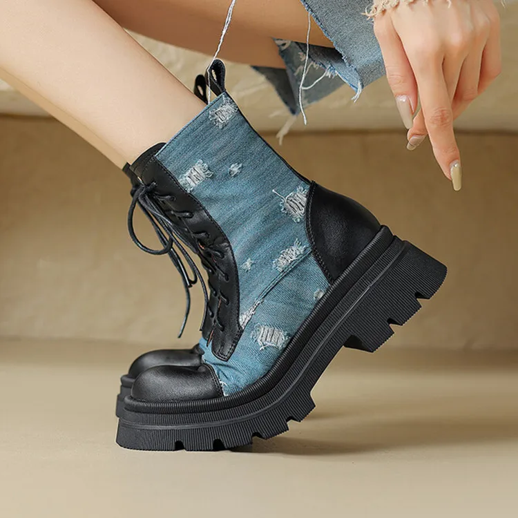 

Blue Denim Women Short Autumn Botas Platform Black Leather Cowboy Stilettos Platform Apricot Winter Knight Botines Femmes Zapato