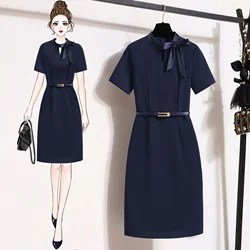 Summer New Slim Professional Work Pencil Dress elegante cintura da donna Bow Navy Hotel Jewelry Shop Club abbigliamento in stile coreano