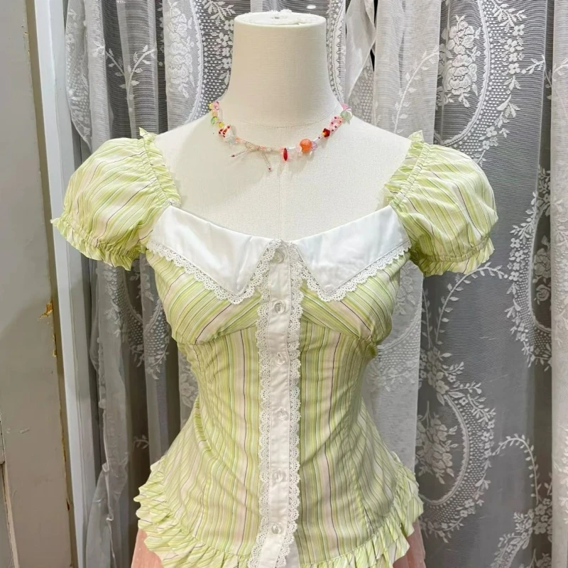 

Japan Vintage Elegant Lolita Blouse Women Kawaii Cute Lace Square Neckl Stripe Shirt Summer Y2k Aesthetic Puff Short Sleeves Top