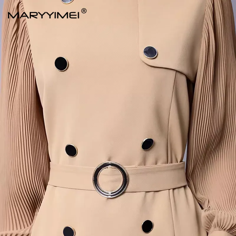 MARYYIMEI Elegant Commuter Solid Color Women\'s Dress Autumn Winter Stand Collar Lantern Sleeved Button Lace-UP Straight Dresses