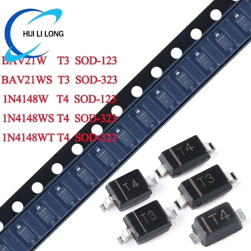 100pcs/lot 1N4148W T4 BAV21W T3 SOD-123 1N4148WS BAV21WS SOD-323 1N4148WT SOD-523 1N4148 BAV21 BAV21W SMD Switching Diodes